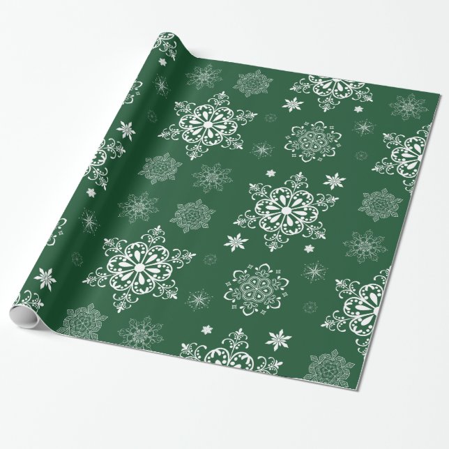 Papel De Regalo Patrón de copo de nieve verde y blanco (Desenrollado)