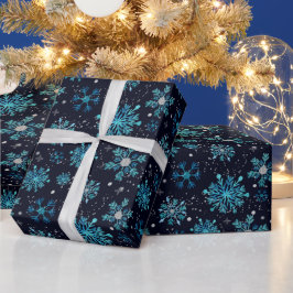 Papel De Regalo Patrón de copos de nieve de invierno azul y plata