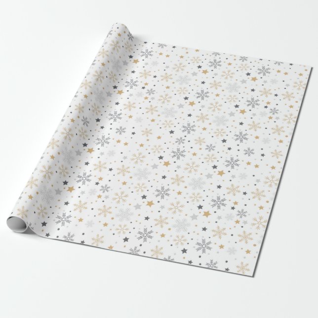 Papel De Regalo Patrón De Copos De Nieve Gris Y Amarillo (Desenrollado)