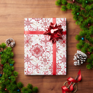 Papel De Regalo Patrón de copos de nieve rojos y dorados