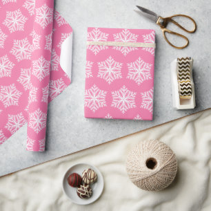 Papel De Regalo Patrón de copos de nieve rosa y blanco para navida