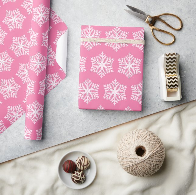 Papel De Regalo Patrón de copos de nieve rosa y blanco para navida (Artesanía)