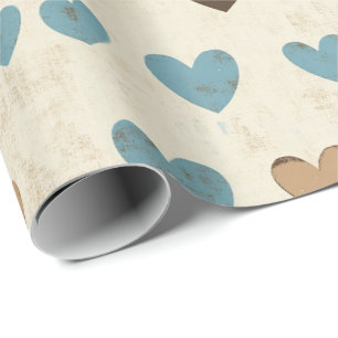 Papel De Regalo Patrón de Corazón Azul y Marrón Rústico para el Dí