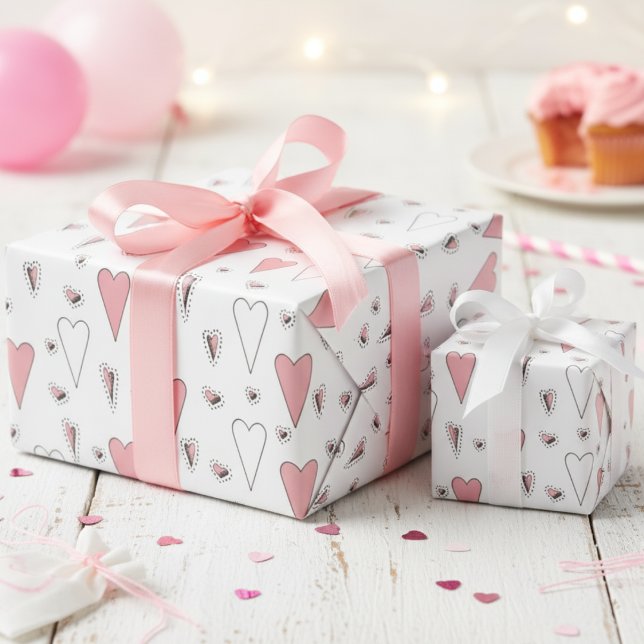 Papel De Regalo Patrón de corazón blanco y rosado de moda (Cute Pink Hearts Wrapping Paper for Girl Baby Shower or Valentine's Day. Heart & Polka Dots Pattern)