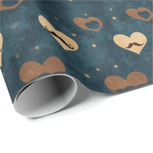 Papel De Regalo Patrón de Corazón de Bigote Antiguo en Azul Denim