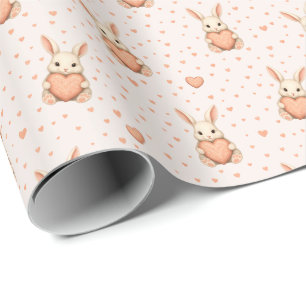 Papel De Regalo Patrón de corazón de conejito lindo en rubor suave
