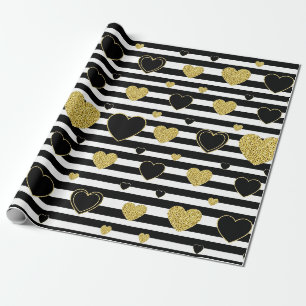 Papel De Regalo Patrón de corazón dorado con franja negra minimali