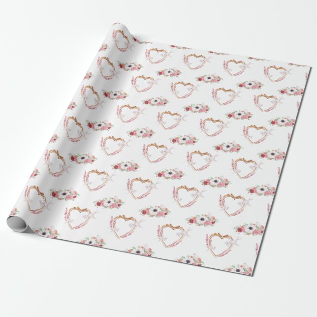 Papel De Regalo Patrón de corazón floral blanco rosado (Desenrollado)
