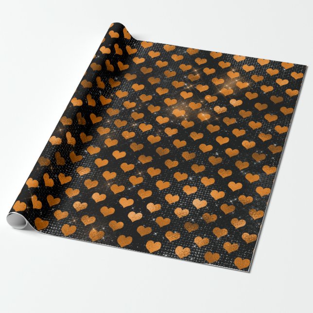 Papel De Regalo Patrón de corazón negro y Naranja (Desenrollado)