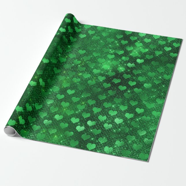 Papel De Regalo Patrón de Corazones con Glamour Verde Esmeralda (Desenrollado)