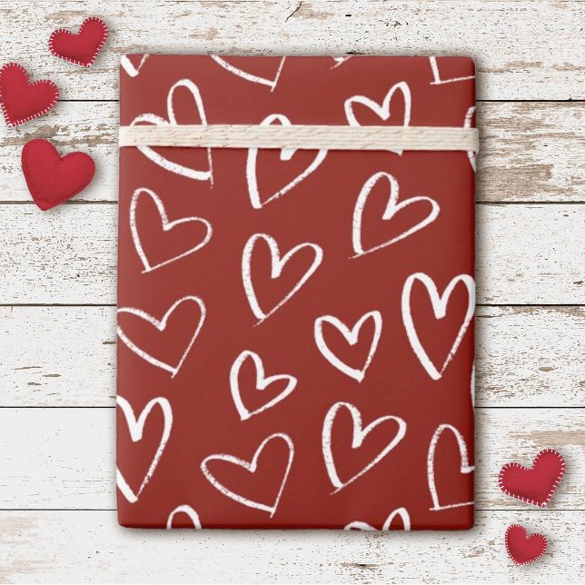 Papel De Regalo Patrón de Corazones de San Valentín (Cute white hearts on a red background decorate this Valentine's Day gift wrap.)