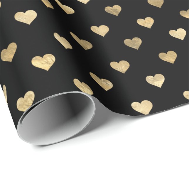 Papel De Regalo Patrón de corazones dorados negros (Esquina del rollo)