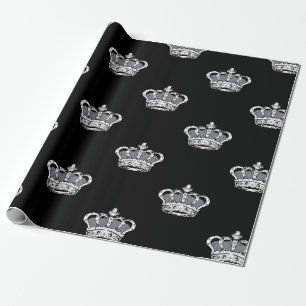 Papel De Regalo Patrón de Corona Gris Real sobre Fondo Negro Audaz