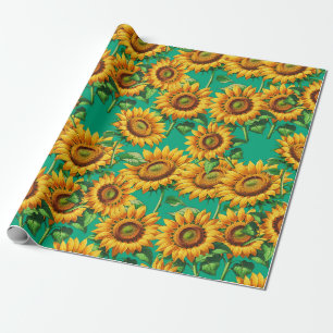 Papel De Regalo Patrón de Cottagecore floral de girasol verde