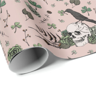 Papel De Regalo Patrón de cráneo verde y rosa Gótico Día de los pa