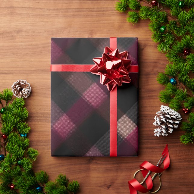 Papel De Regalo Patrón de Cuadros Burdeos Oscuro Negro Ember (Regalo de vacaciones)