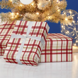 Papel De Regalo Patrón de Cuadros Marfil Festivo Rojo Dorado de Fi