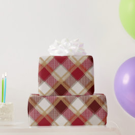 Papel De Regalo Patrón de Cuadros Marfil Festivo Rojo Dorado de Fi