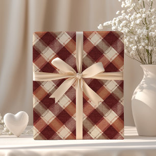 Papel De Regalo Patrón de Cuadros Rojo Naranja Crema Rústico