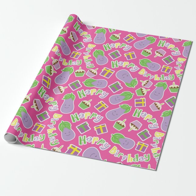 Papel De Regalo Patrón de cumpleaños de berenjena (Desenrollado)