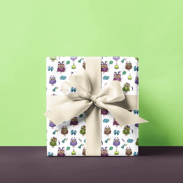 Papel De Regalo Patrón de cumpleaños de búho cúbico | Blanco (Subido por el creador)