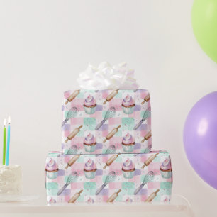 Papel De Regalo Patrón de Cupcake en Acuarela Rosa Pastel 
