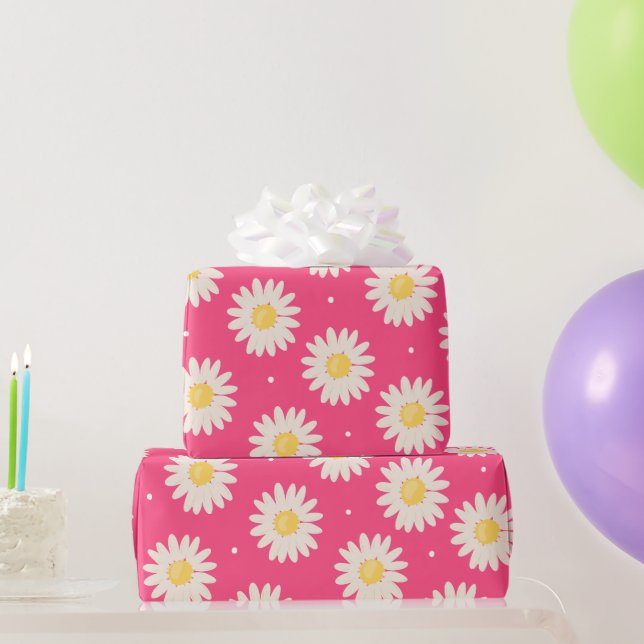 Papel De Regalo Patrón De Daisies Blancos En Fondo Rosa (Regalos de fiesta)