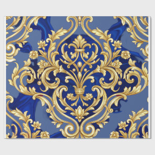 Papel De Regalo Patrón de Damasco Barroco Azul Real y Dorado