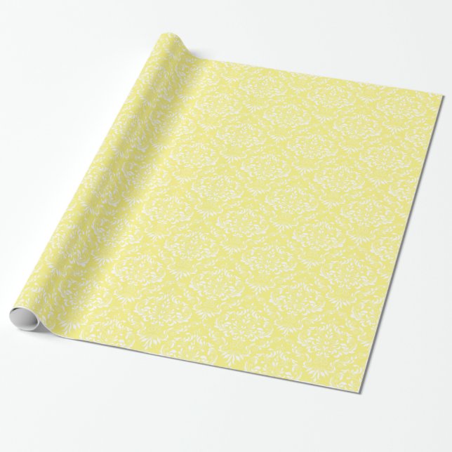Papel De Regalo Patrón de Damasco blanco amarillo limón (Desenrollado)