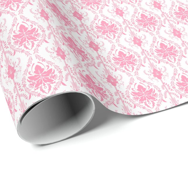 Papel De Regalo patrón de damasco blanco rosado (Esquina del rollo)