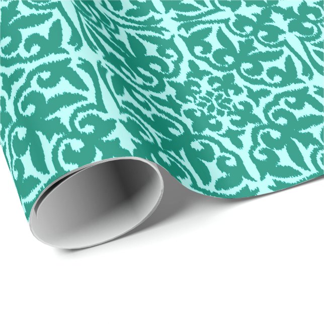 Papel De Regalo Patrón de damasco de Ikat - Turquesa y Aqua (Esquina del rollo)