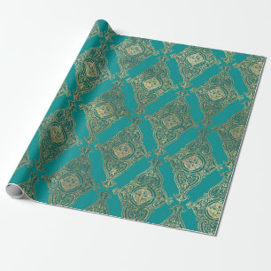 Papel De Regalo Patrón de damasco de turquesa y oro