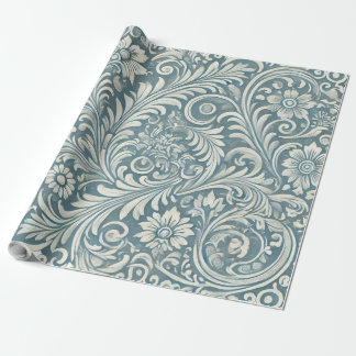 Papel De Regalo Patrón de Damasco en Azul Suave y Marfil