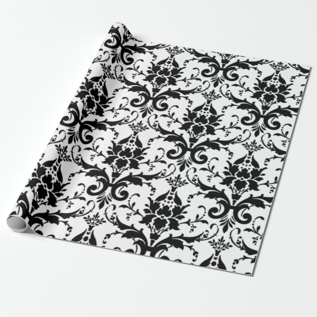 Papel De Regalo Patrón de Damasco en blanco y negro (Desenrollado)