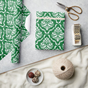 Papel De Regalo Patrón De Damasco Floral Blanco Sobre El Verde