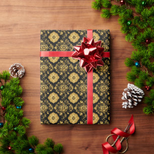 Papel De Regalo Patrón de damasco floral de oro de lujo sobre negr