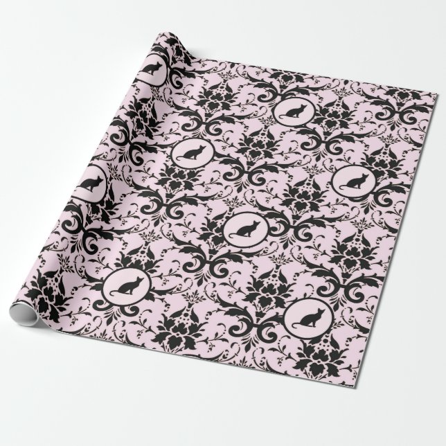 Papel De Regalo Patrón de Damasco Gato Elegante Rosa (Desenrollado)