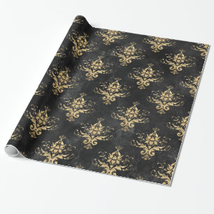 Papel De Regalo Patrón de damasco vintage negro y dorado
