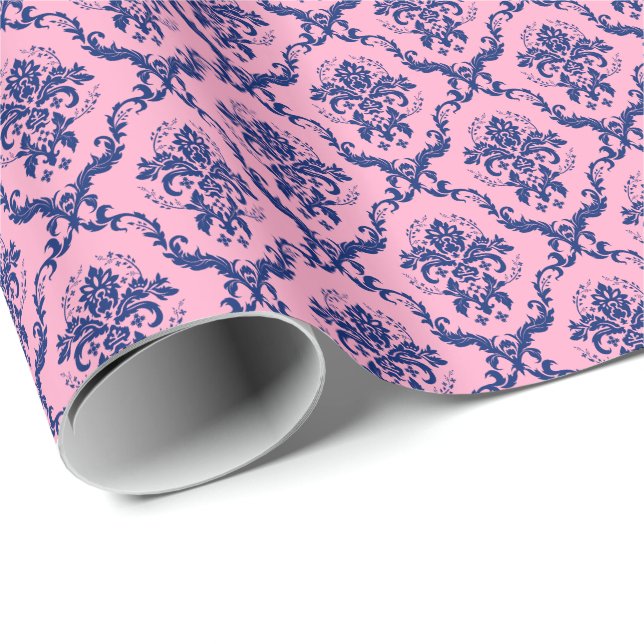 Papel De Regalo Patrón de damasquetas florales rosadas y azules de (Esquina del rollo)