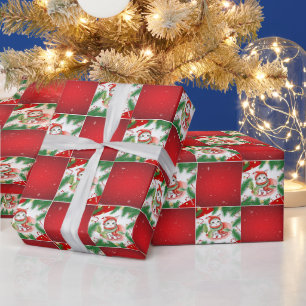 Papel De Regalo Patrón de damero de Santa Xmas Holly del gato lind