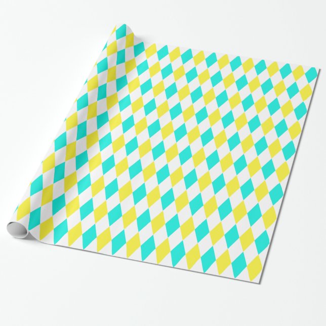 Papel De Regalo Patrón de diamante Aqua Yellow White Harlequin (Desenrollado)