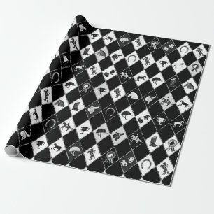 Papel De Regalo Patrón de diamante ecuestre blanco y negro elegant