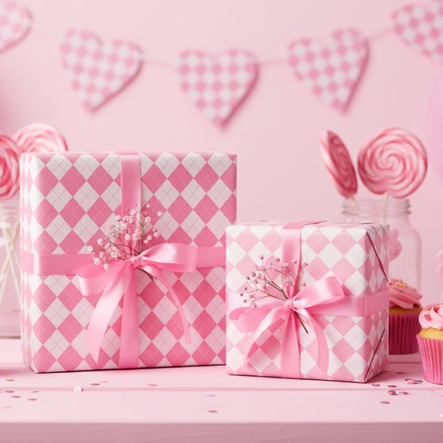 Papel De Regalo Patrón de diamantes de argyle rosado giratorio (Girly Pink Argyle Diamond Pattern Gift Wrap for Girl Birthday. Cute Classic Wrapping Paper for Her.)