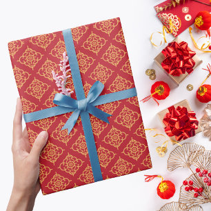 Papel De Regalo Patrón de diamantes dorados Año Nuevo chino rojo