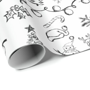 Papel De Regalo Patrón de dibujos de Navidades blancos y negros