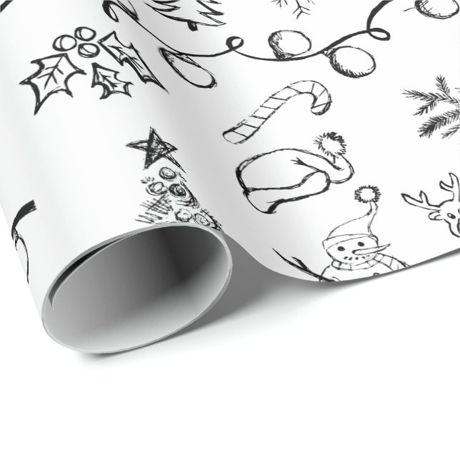 Papel De Regalo Patrón de dibujos de Navidades blancos y negros (Esquina del rollo)