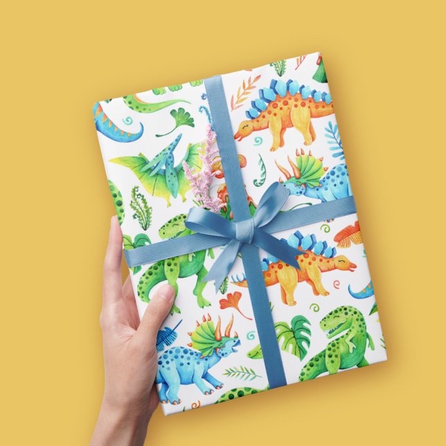 Papel De Regalo Patrón de dinosaurio acuarela Verde, Naranja, Azul (Watercolor Dinosaurs Green, Orange, Blue Wrapping Paper)