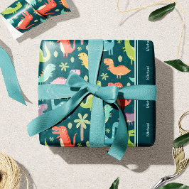 Papel De Regalo Patrón de dinosaurios Azul Monogramado Niño Fiesta