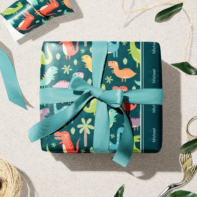 Papel De Regalo Patrón de dinosaurios Azul Monogramado Niño Fiesta (Subido por el creador)