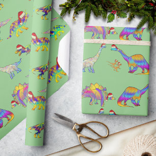 Papel De Regalo Patrón de dinosaurios de Navidad con sombreros de 